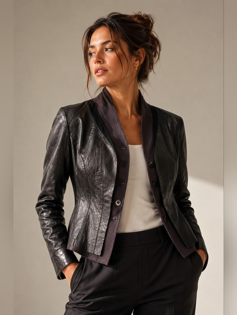 Danier | Women's Black Leather Button-Front Jacket, Size S